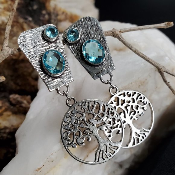 #GIFT Classic Silver Earrings Tree  Blue - Picture 2 of 4